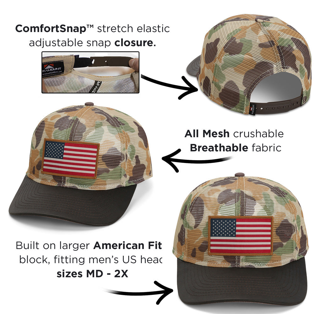 PARAMOUNT OUTDOORS™ All Mesh Flag Cap Vintage WW2 Camo Wax Cloth Visor Headwear