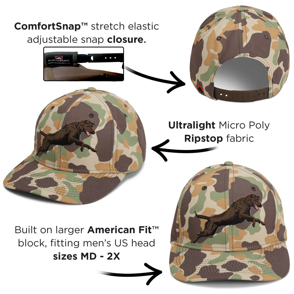 PARAMOUNT OUTDOORS™ Chocolate Lab 6-Panel Riverside Vintage Camo Cap Headwear