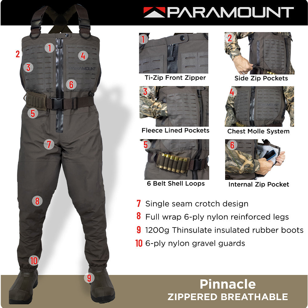PARAMOUNT OUTDOORS™ PINNACLE Zippered Breathable Camo Wader 1200g Fishing Wader