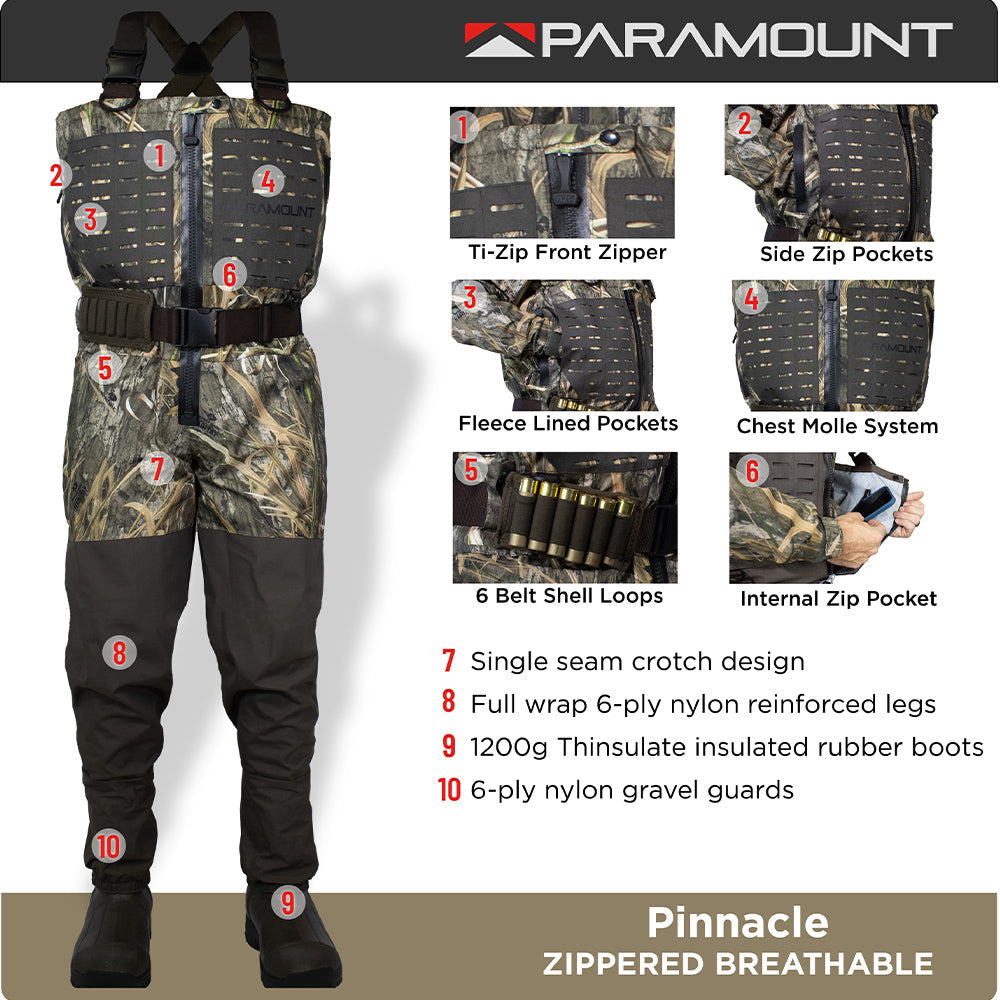 PARAMOUNT OUTDOORS™ PINNACLE Zippered Breathable Camo Wader 1200g Fishing Wader