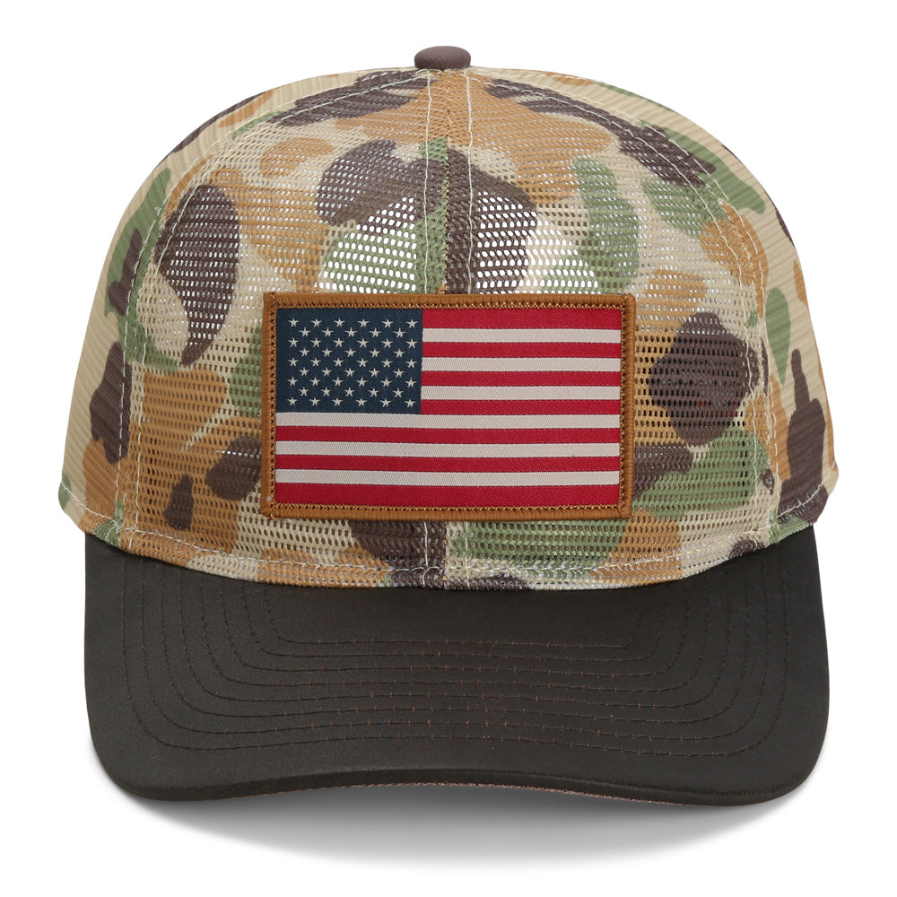 PARAMOUNT OUTDOORS™ All Mesh Flag Cap Vintage WW2 Camo Wax Cloth Visor Headwear