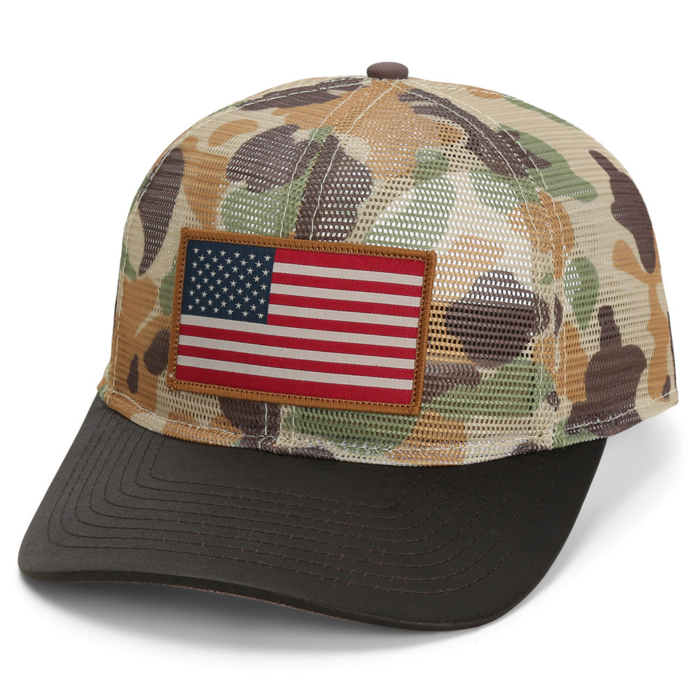 PARAMOUNT OUTDOORS™ All Mesh Flag Cap Vintage WW2 Camo Wax Cloth Visor Headwear