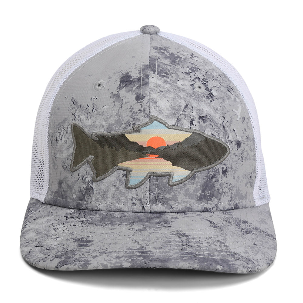 PARAMOUNT OUTDOORS™ Sunset Trout Fly Fishing Mesh Back Hat Fish Mountain Silhouette Headwear