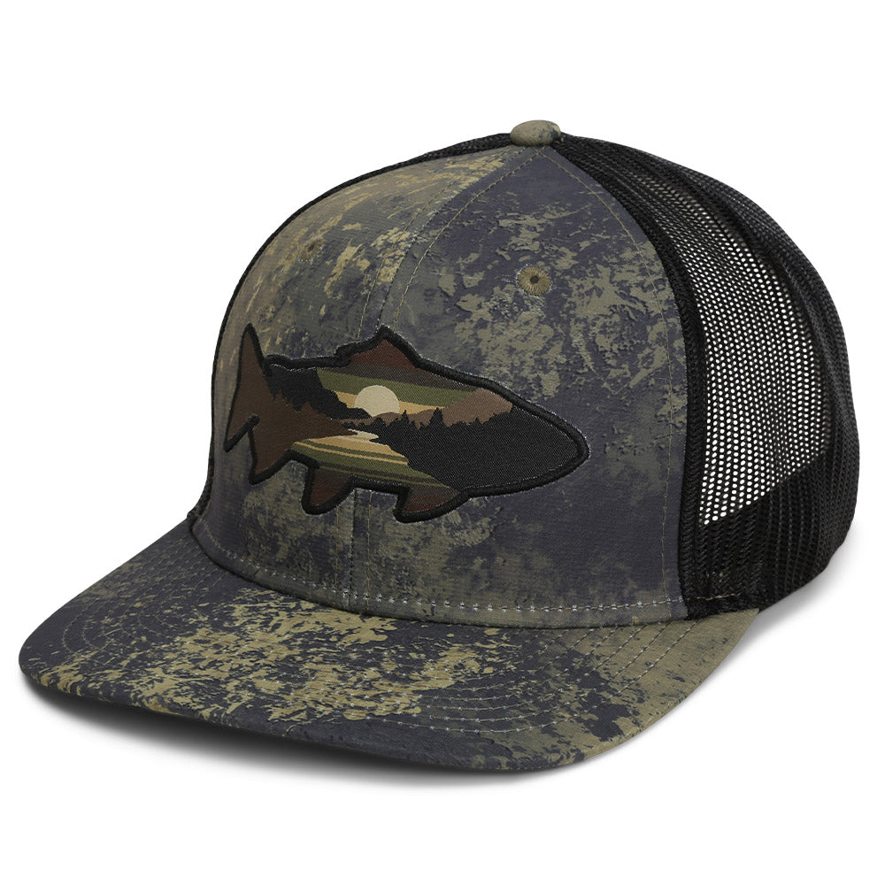 PARAMOUNT OUTDOORS™ Sunset Trout Fly Fishing Mesh Back Hat Fish Mountain Silhouette Headwear