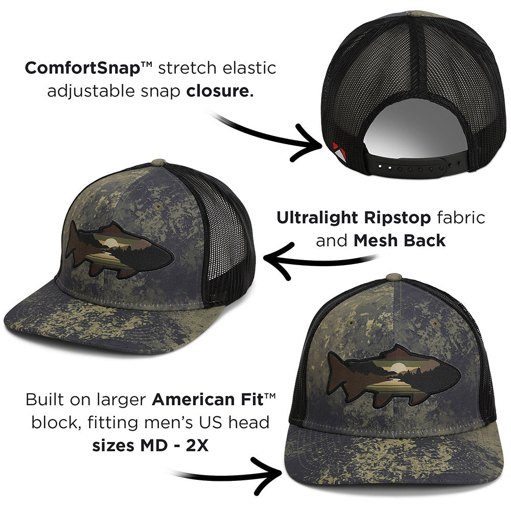 PARAMOUNT OUTDOORS™ Sunset Trout Fly Fishing Mesh Back Hat Fish Mountain Silhouette Headwear