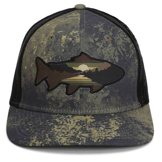PARAMOUNT OUTDOORS™ Sunset Trout Fly Fishing Mesh Back Hat Fish Mountain Silhouette Headwear