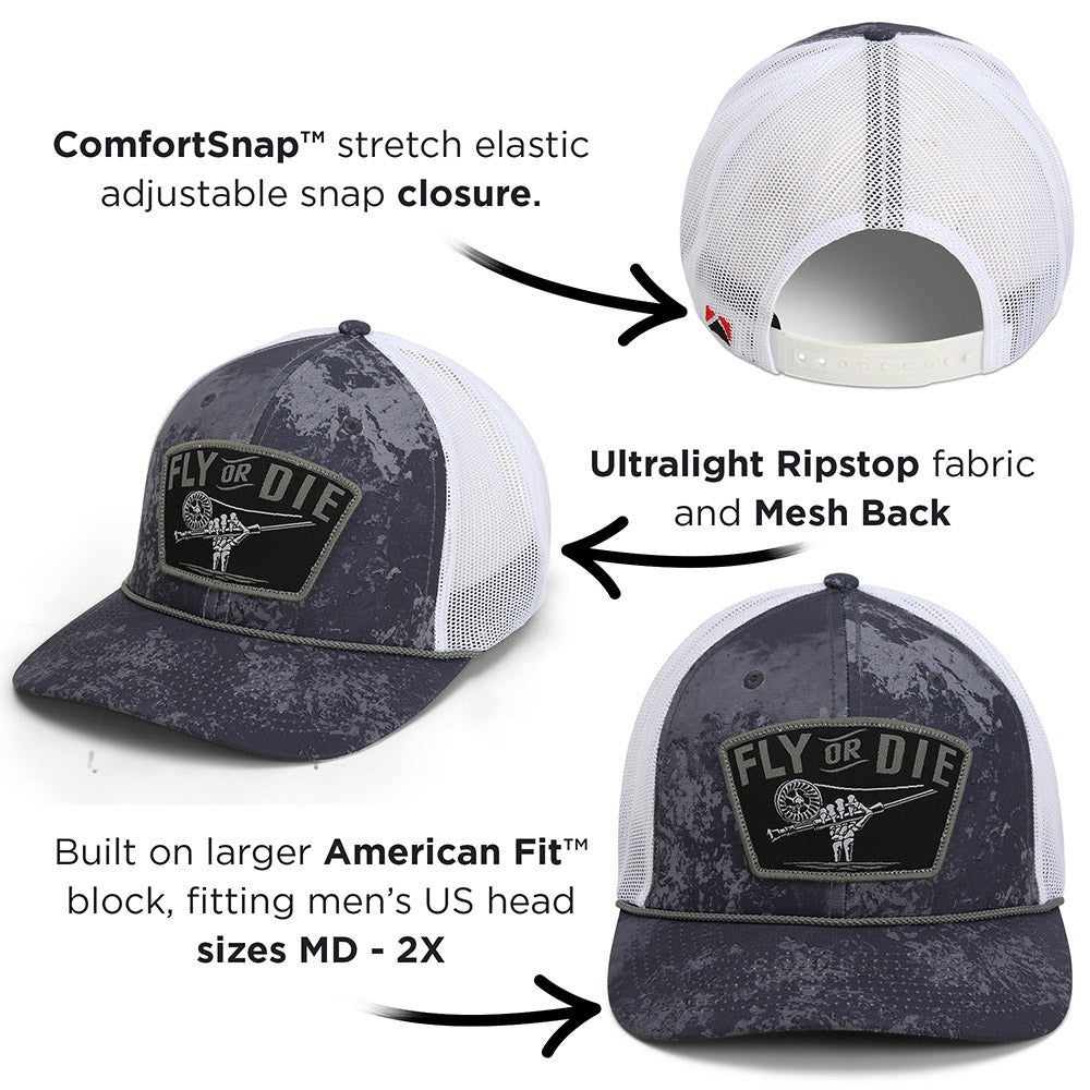 PARAMOUNT OUTDOORS™ Fly or Die Hat Fly Fishing Mesh Back Rope Cap Headwear