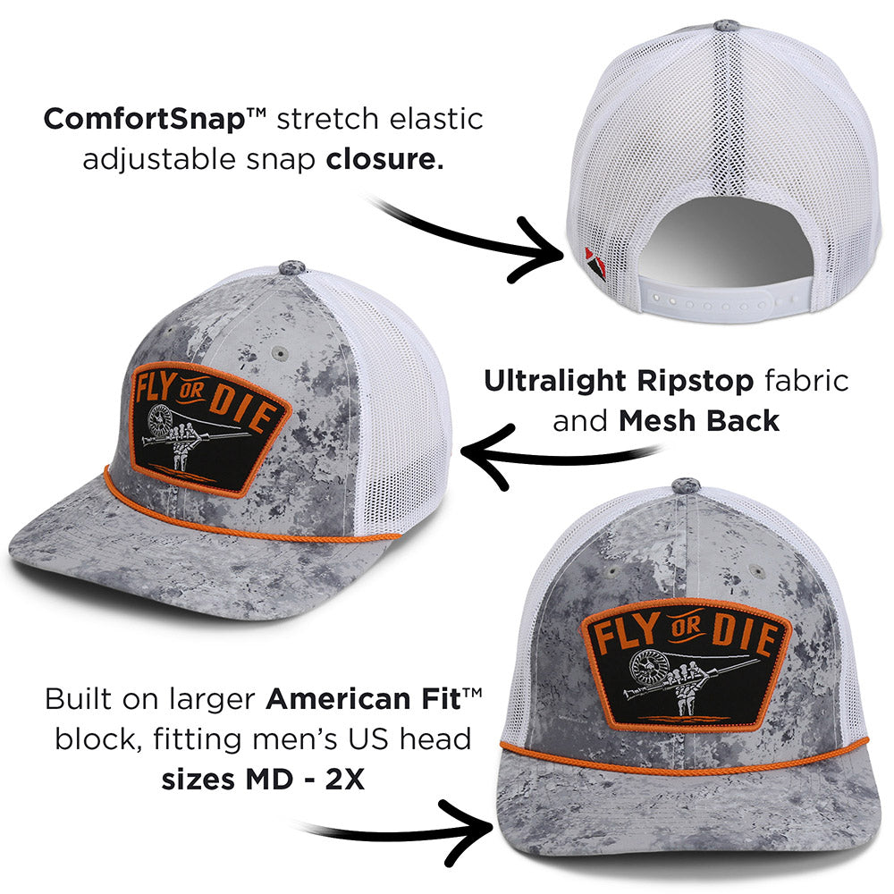 PARAMOUNT OUTDOORS™ Fly or Die Hat Fly Fishing Mesh Back Rope Cap Headwear