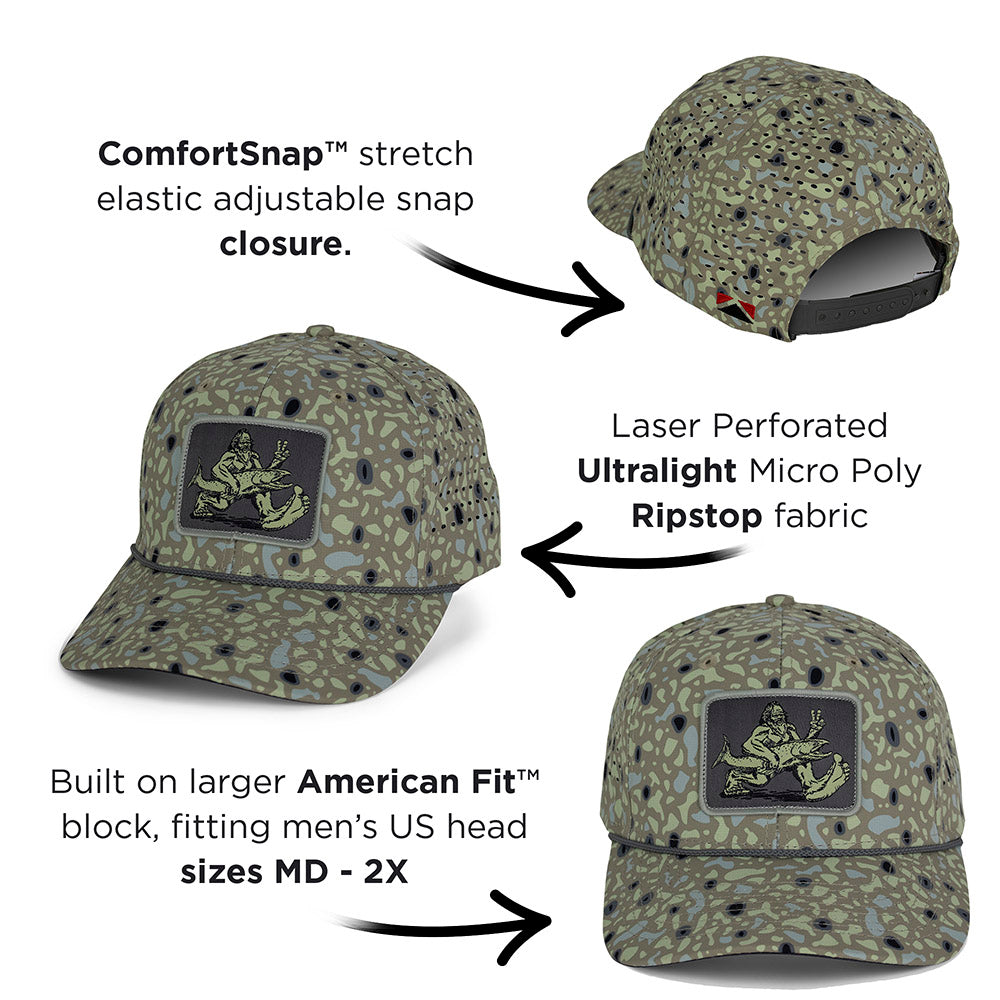 PARAMOUNT OUTDOORS™ Big Foot Squatch Perforated Fishing 6-Panel Rope Cap Tan Headwear