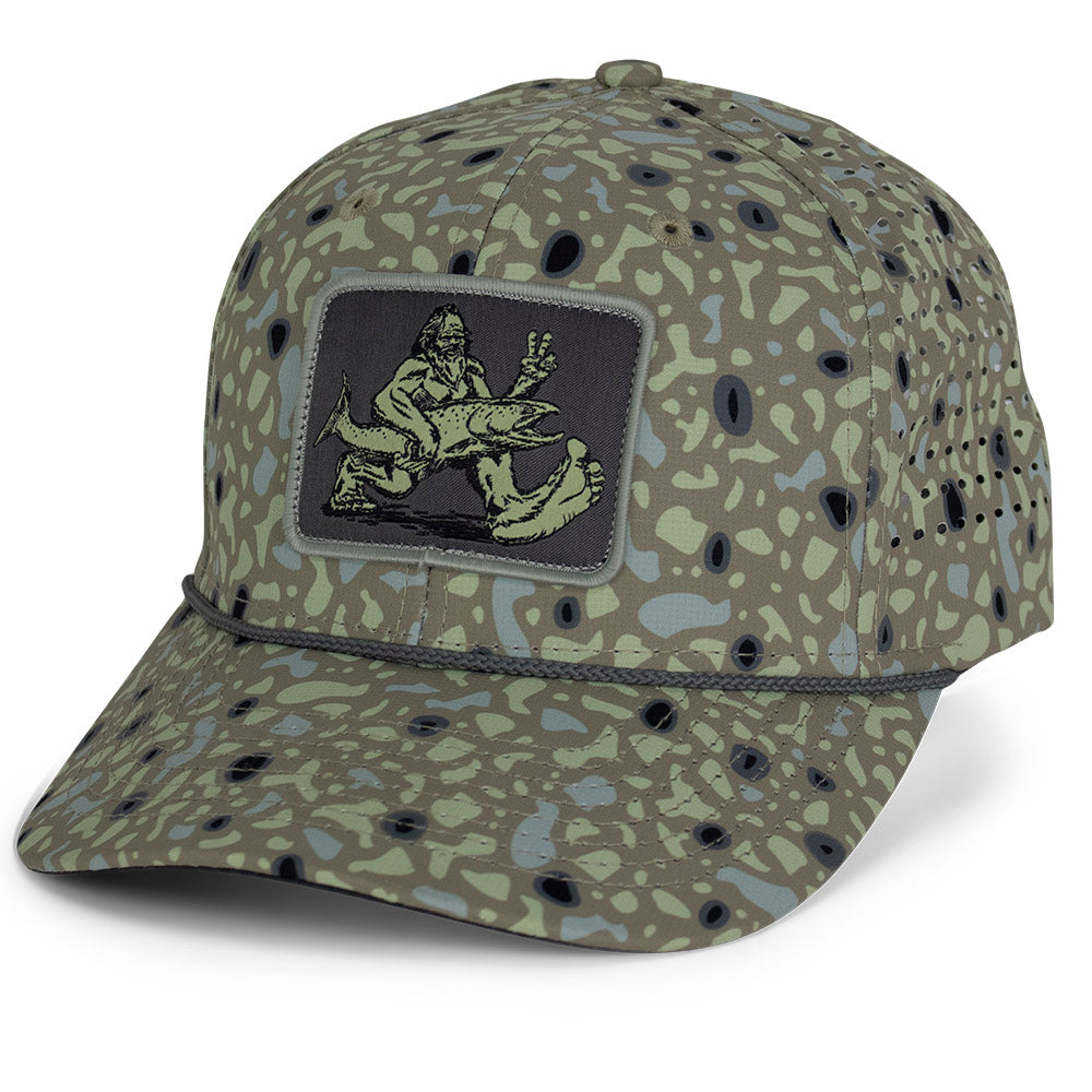 PARAMOUNT OUTDOORS™ Big Foot Squatch Perforated Fishing 6-Panel Rope Cap Tan Headwear