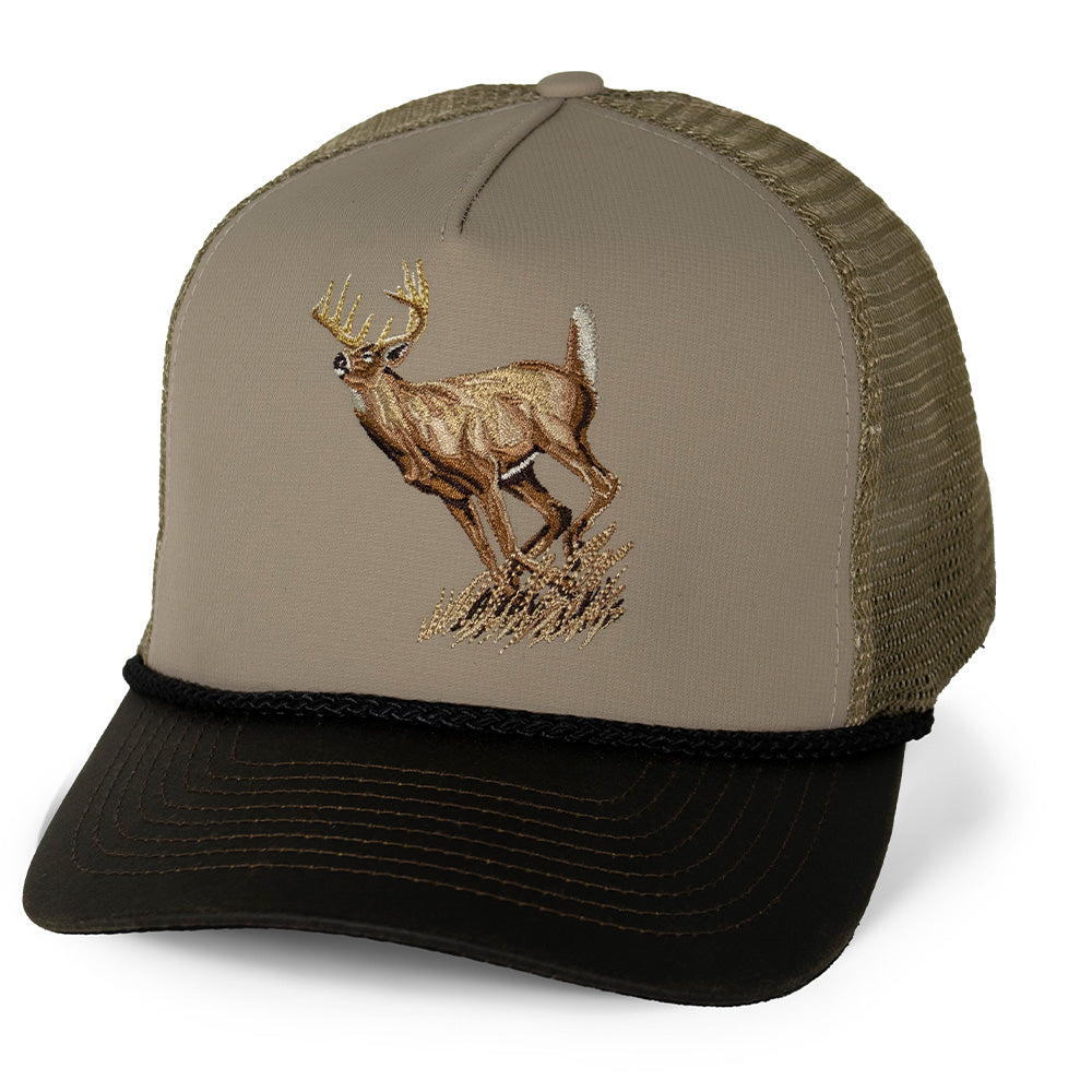 PARAMOUNT OUTDOORS™ Running Deer 5-Panel Wax Cloth Visor Trucker Hat