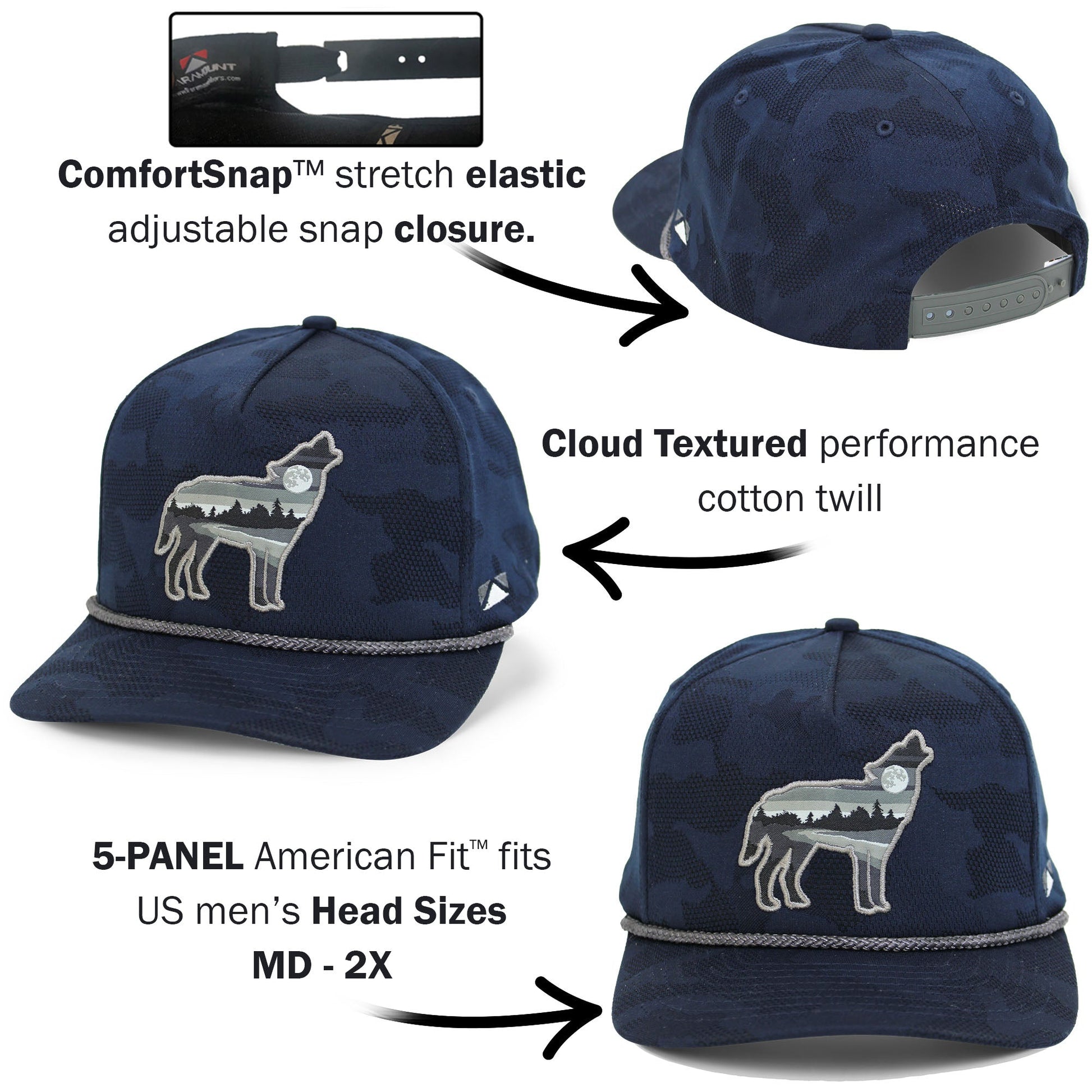 PARAMOUNT OUTDOORS™ Wolf Howl Cloud Texture 5-Panel Rope Cap Headwear