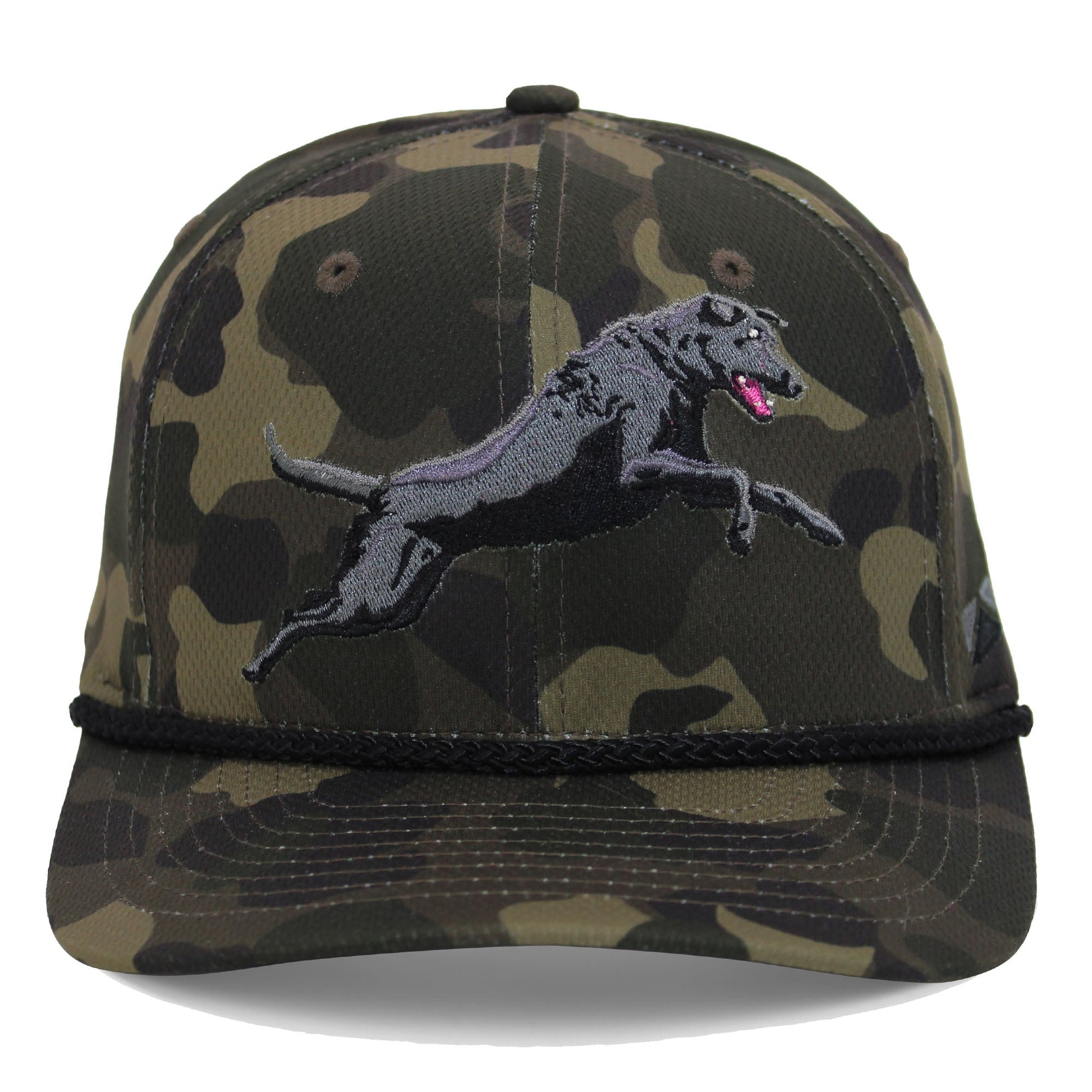 PARAMOUNT OUTDOORS™ Black Lab Performance Rope Cap on Dark Old School Camo Headwear