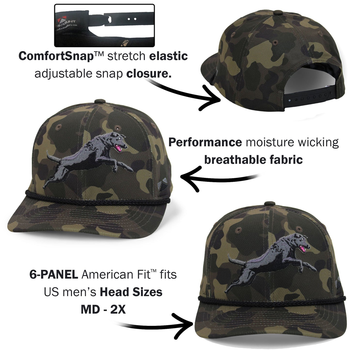 PARAMOUNT OUTDOORS™ Black Lab Performance Rope Cap on Dark Old School Camo Headwear