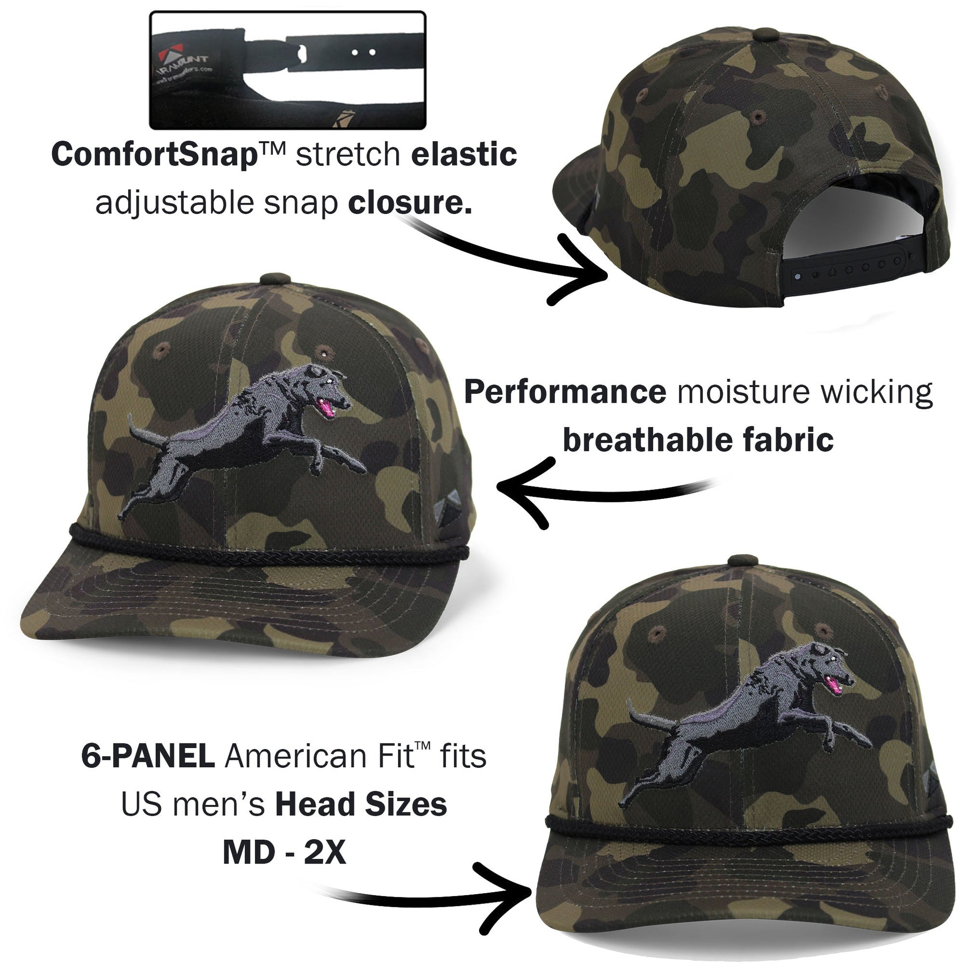 PARAMOUNT OUTDOORS™ Black Lab Performance Rope Cap on Dark Old School Camo Headwear