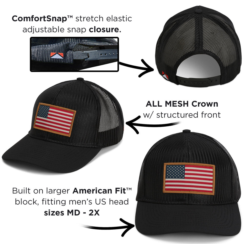 PARAMOUNT OUTDOORS™ All Mesh Black American Flag Cap Structured Headwear