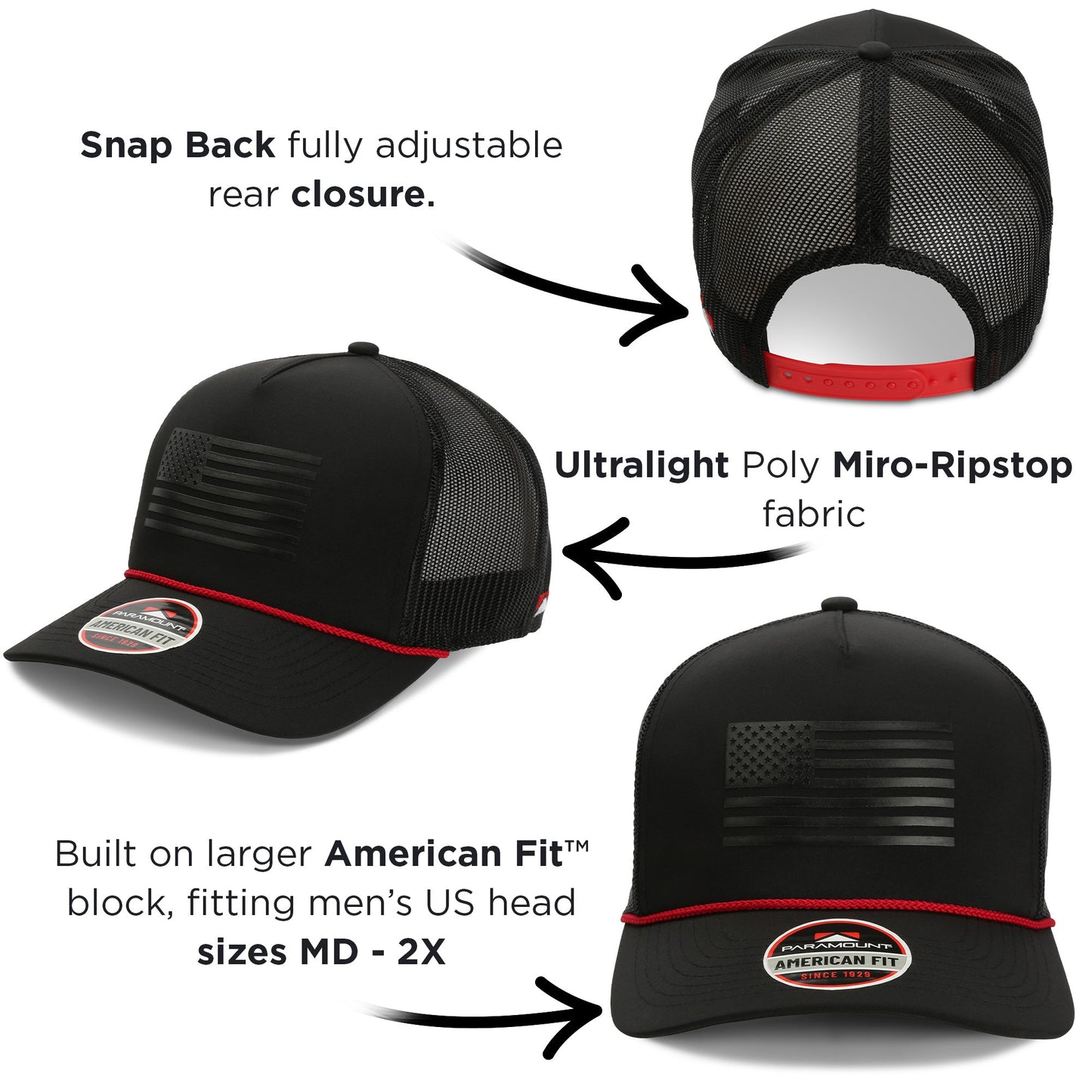 PARAMOUNT OUTDOORS™ Ridgeline Thin Red Line-trucker Hat American Flag Rope Cap