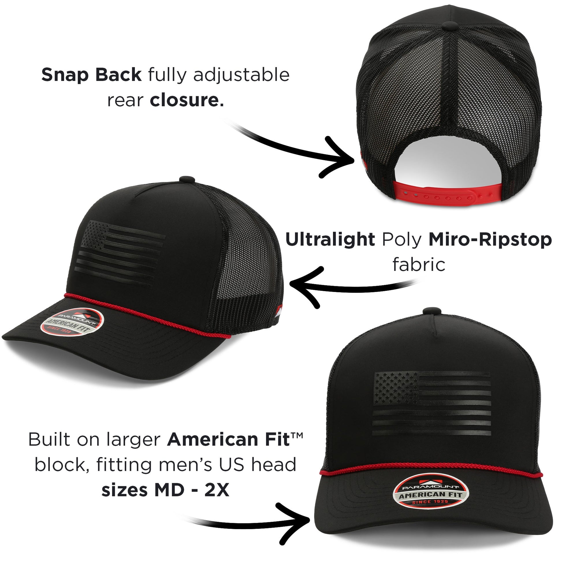 PARAMOUNT OUTDOORS™ Ridgeline Thin Red Line-trucker Hat American Flag Rope Cap