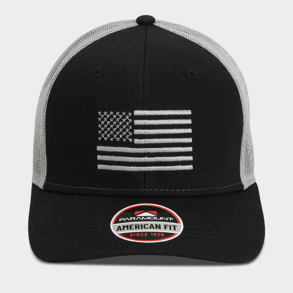 PARAMOUNT OUTDOORS™ American Flag Black Mesh Back Snapback Cap