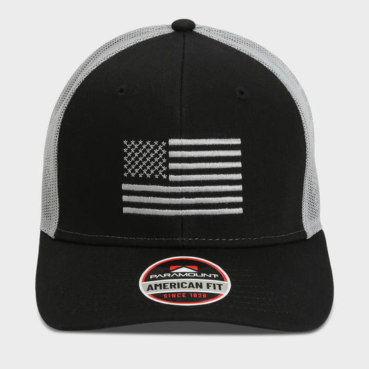 PARAMOUNT OUTDOORS™ American Flag Black Mesh Back Snapback Cap