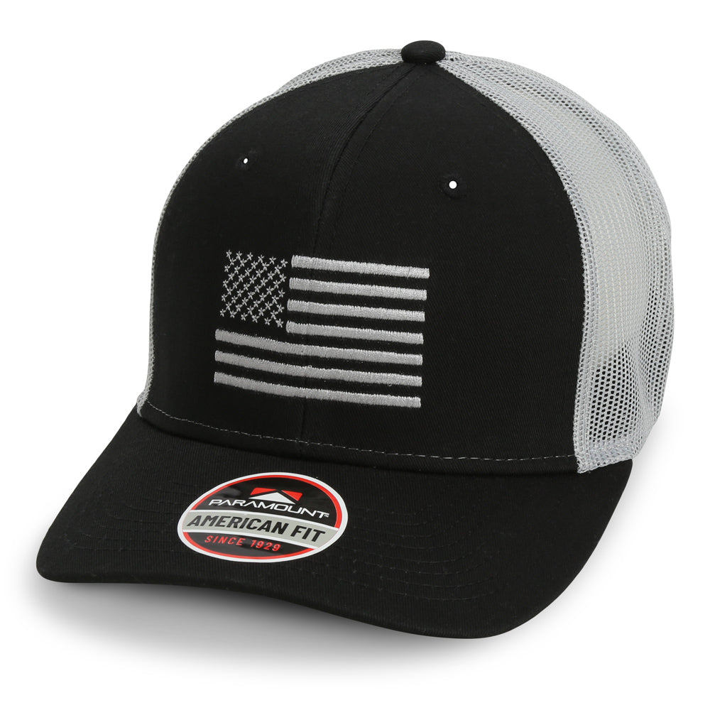 PARAMOUNT OUTDOORS™ American Flag Black Mesh Back Snapback Cap