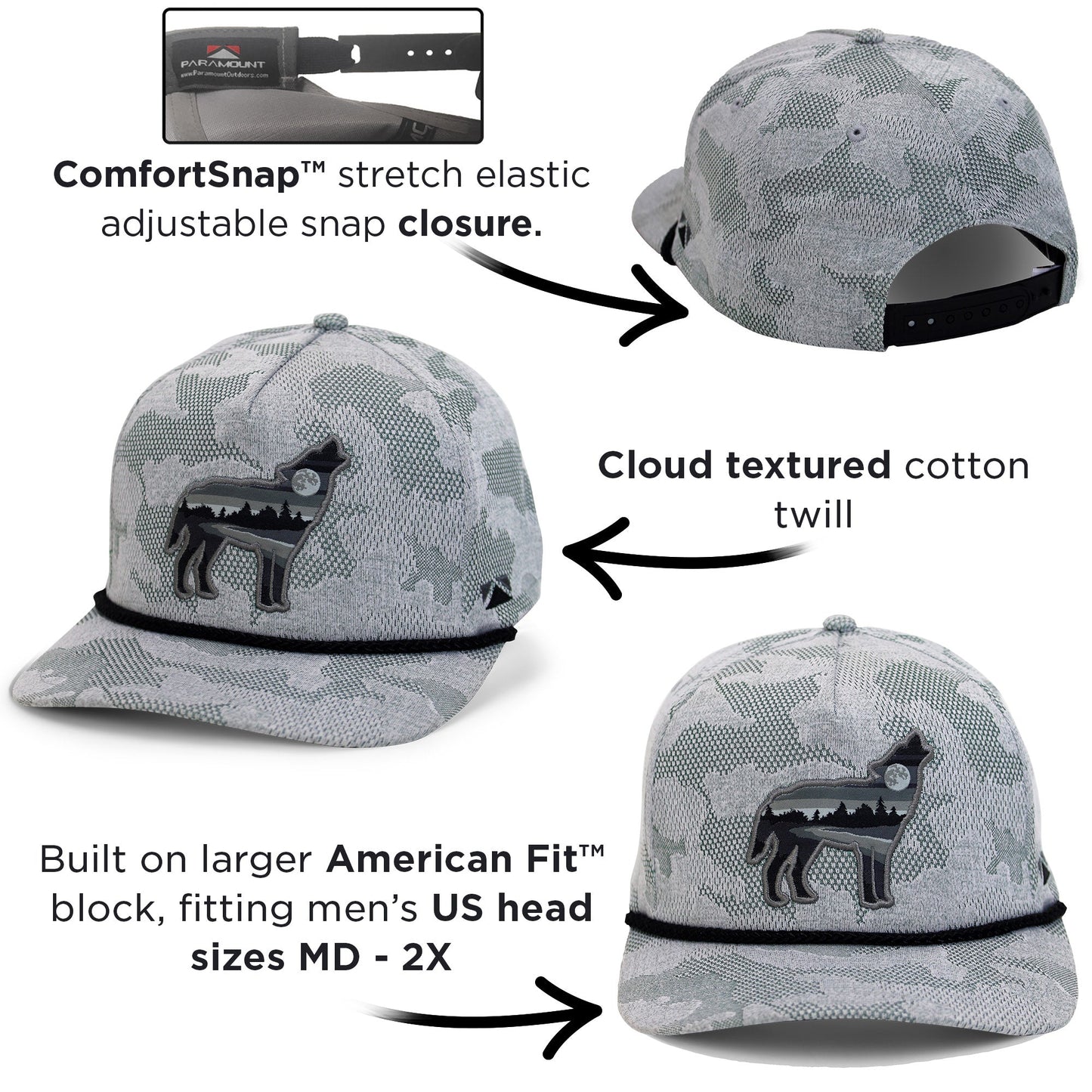 PARAMOUNT OUTDOORS™ Wolf Howl Cloud Texture 5-Panel Rope Cap Headwear