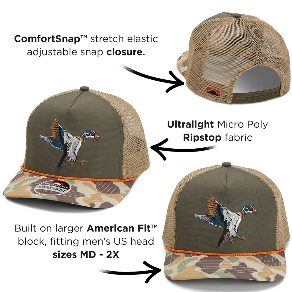 PARAMOUNT OUTDOORS™ Wood Duck Hat Rope Cap 5-Panel Ridgeline Mesh Back