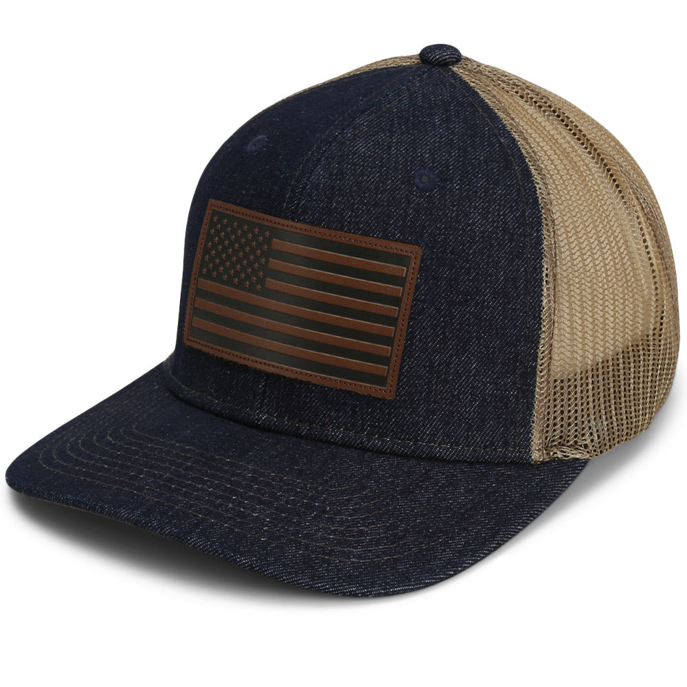 PARAMOUNT OUTDOORS™ Denim Mesh Back American Flag Leather Patch Hat Headwear