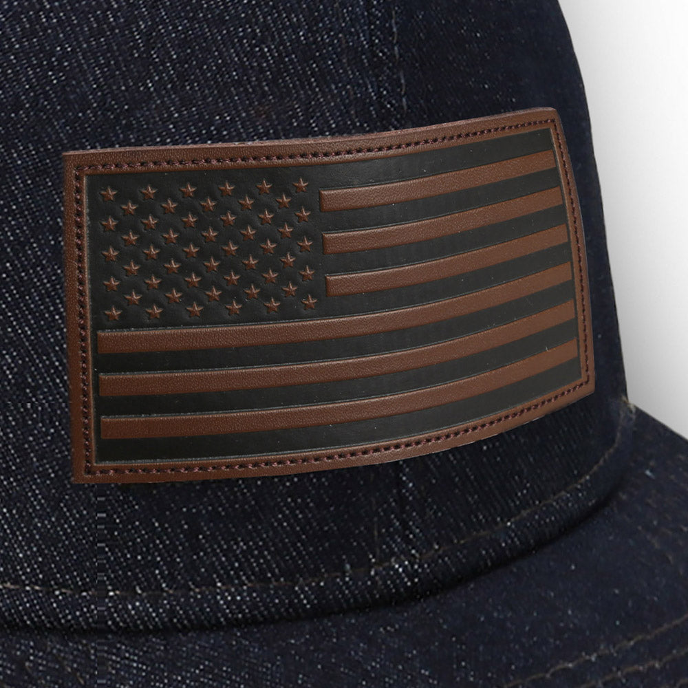 PARAMOUNT OUTDOORS™ Denim Mesh Back American Flag Leather Patch Hat Headwear