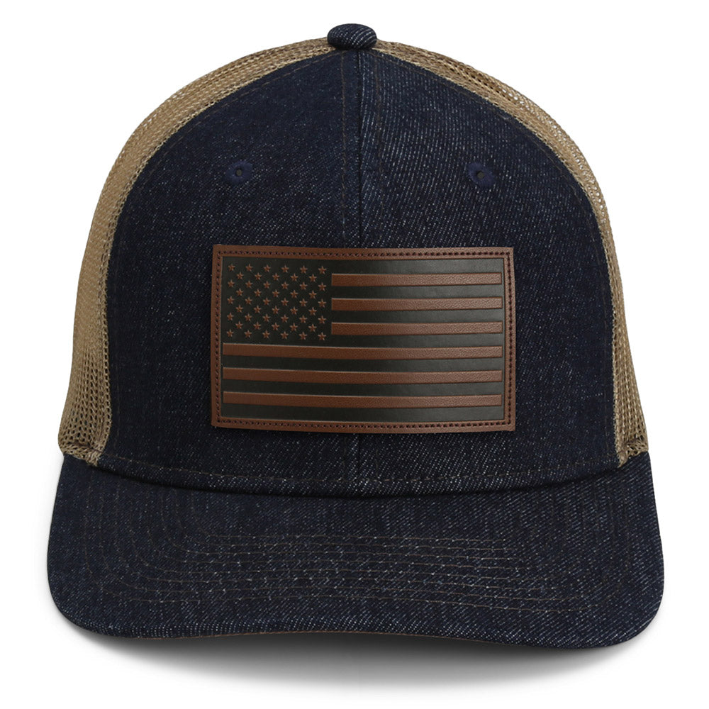 PARAMOUNT OUTDOORS™ Denim Mesh Back American Flag Leather Patch Hat Headwear