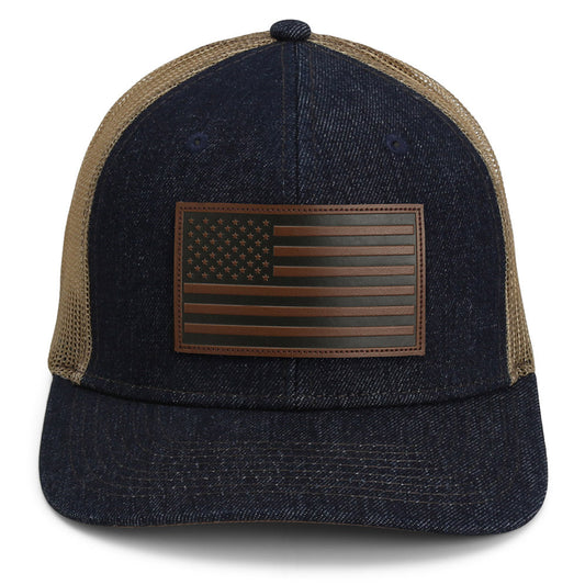 PARAMOUNT OUTDOORS™ Denim Mesh Back American Flag Leather Patch Hat Headwear