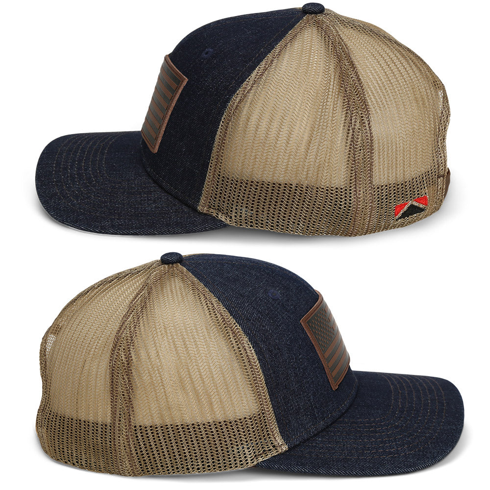 PARAMOUNT OUTDOORS™ Denim Mesh Back American Flag Leather Patch Hat Headwear