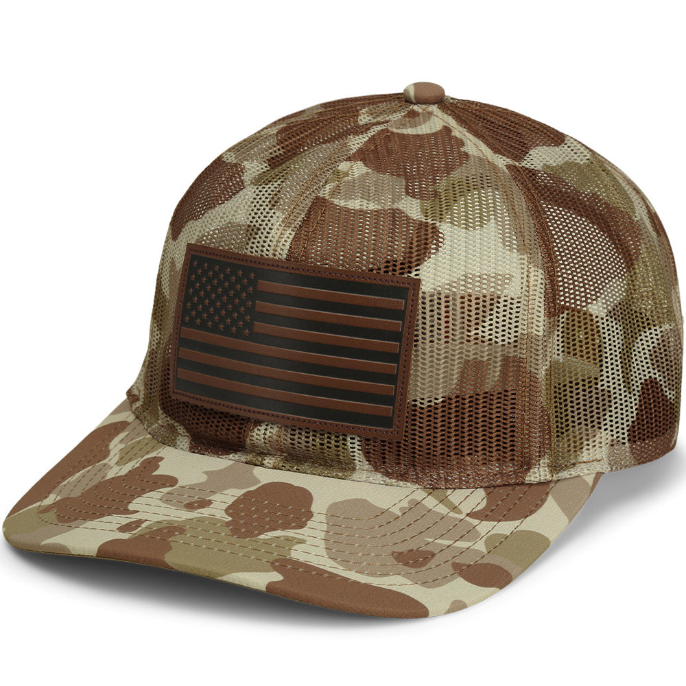PARAMOUNT OUTDOORS™ Old School Desert Camo All Mesh Leather Patch American Flag Hat
