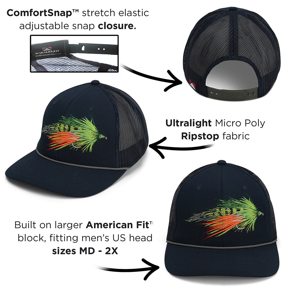 PARAMOUNT OUTDOORS™ Fire Tiger Streamer Fly Fishing Mesh Back Rope Cap Headwear